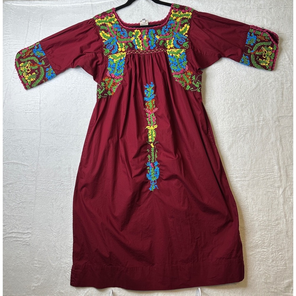 Sister Mary Burgundy Red Floral Embroidered Boho Midi Dress Womens Medium
